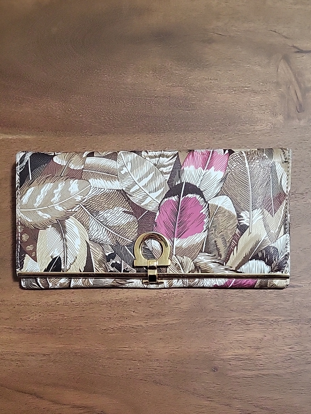 Salvatore Ferragamo Feather Print Leather Wallet in Brown, Pink & Cream
